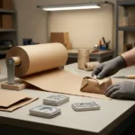 Industrial kraft paper used for wrapping and interleaving machined metal components on a manufacturing packing workbench