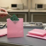 Pink anti-static bubble bags on ESD-safe workstation with PCB being packaged — electronics component shipping and production transfer packaging