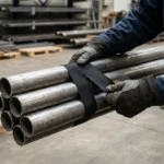Heavy-duty cloth tape wrapped around a bundle of metal pipes for industrial bundling