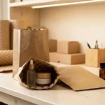 Kraft bubble paper packaging bag with cosmetic glass bottle — plastic-free eco-friendly protective packaging for fragile consumer goods export