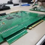 Green heat resistant tape masking PCB connectors during conformal coating application