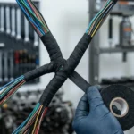 Black cloth harness tape wrapped around an automotive wiring bundle at a branch junction