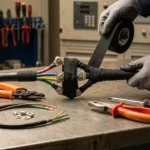 Woven insulating cloth tape wrapped around an industrial cable terminal for electrical insulation