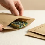 Kraft paper bubble flat bag on packing workbench with PCB being loaded — flat format packaging for electronics and industrial flat parts