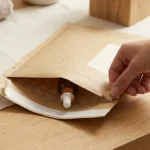 Kraft paper bubble mailer bag being opened by tear strip — consumer unboxing with amber glass cosmetic bottle inside, e-commerce last-mile packaging