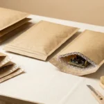 Kraft paper shockproof bubble bags on industrial packing workbench with electronic components — eco-friendly cushioning packaging