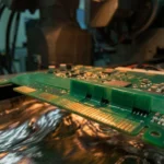 Green PCB masking tape shielding a connector during wave soldering