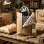 Thickened kraft paper bubble bags on industrial packing workbench with precision machined components — heavy-duty protective packaging for ocean freight