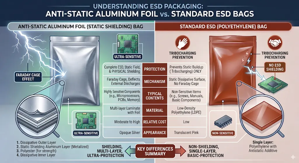 Anti-static Aluminum Foil Bags vs Standard ESD Bags
