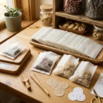Lightweight glassine packaging bags on fulfillment table with dried flowers and small scale — 60% lighter than PE zip bags for high-volume shipping