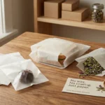 Glassine paper bags in food packaging workspace — grease-proof paper-only bags for bakery, deli, and confectionery applications, fully recyclable and plastic-free