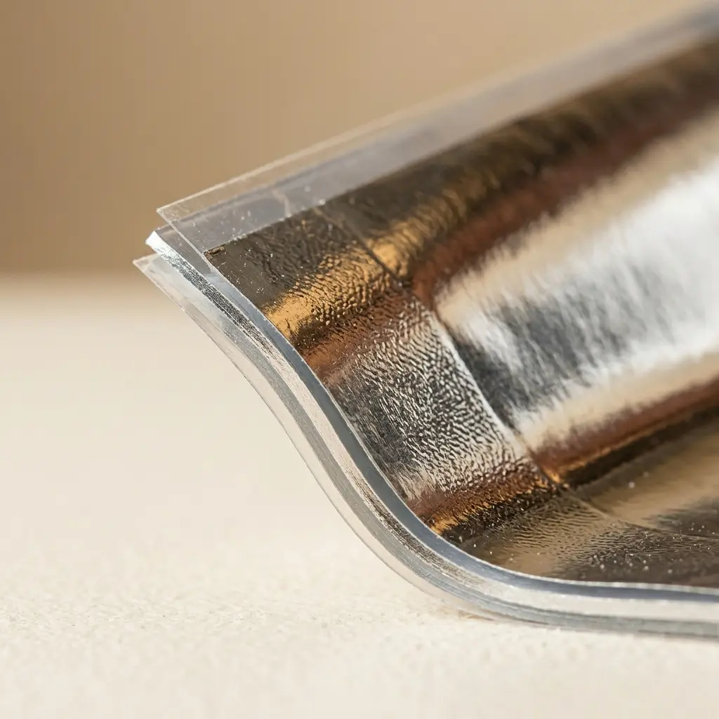 Close-up of multi-layer metallized aluminum foil laminate structure