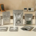 Aluminum-plated foil bags packaging electronic components and PCBs in a manufacturing setting