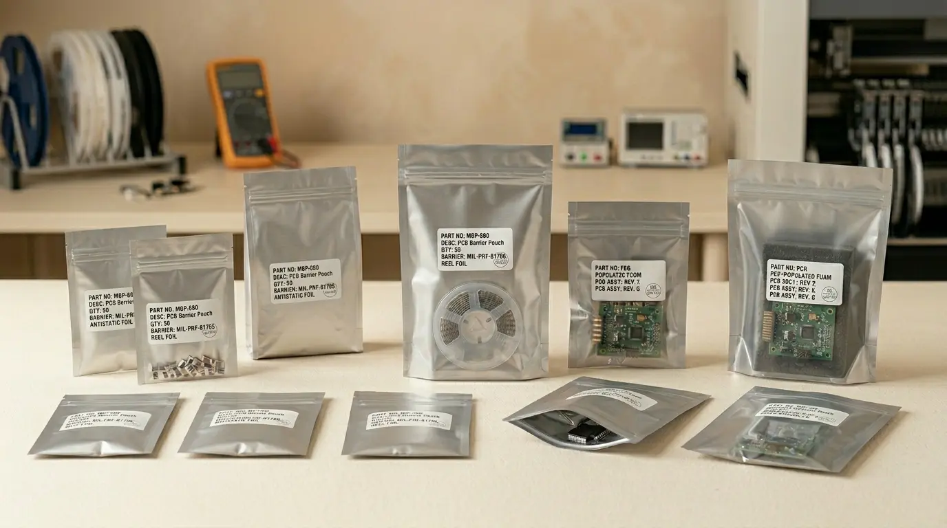 Aluminum-plated foil bags packaging electronic components and PCBs in a manufacturing setting