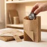 Kraft honeycomb paper packaging bag with premium product — smooth inner liner prevents surface marking on lacquered and polished goods, plastic-free eco packaging
