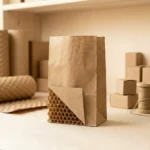 Kraft honeycomb paper packaging bag showing three-layer cross-section — smooth kraft outer liner, honeycomb paper core, smooth kraft inner liner, 100% plastic-free