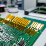 Yellow polyimide tape masking gold fingers on green PCB before wave soldering