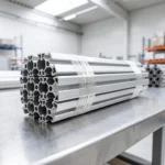 Filament tape bundling aluminum profiles on a workbench — illustration