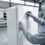 Filament tape holding a refrigerator door closed for shipping on an appliance line — illustration