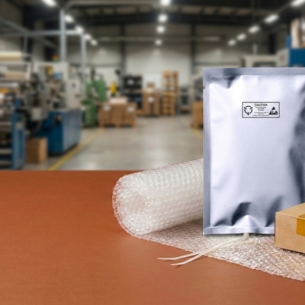 industrial packaging warehouse with kraft paper and bubble wrap